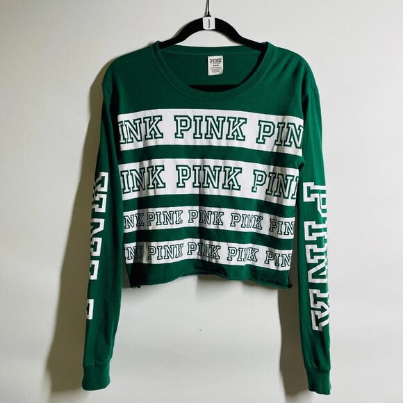 Pink Victoria's Secret Tops - Pink Victoria's Secret Womens Green Long Sleeve Logo Text Cropped T-Shirt Size M